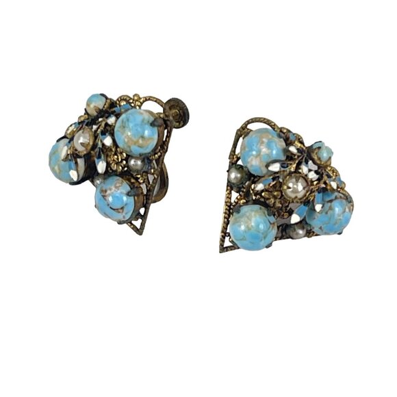 Vintage Czech Brass Turquoise Glass Cabochon Screw Back Earrings 3/4" - Picture 7 of 8